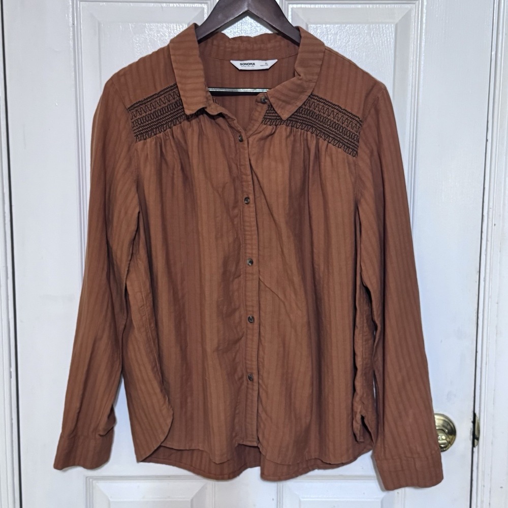 Sonoma Burnt Orange Embroidered Button Up Size XL Relaxed Bo-ho Inspired Earthy